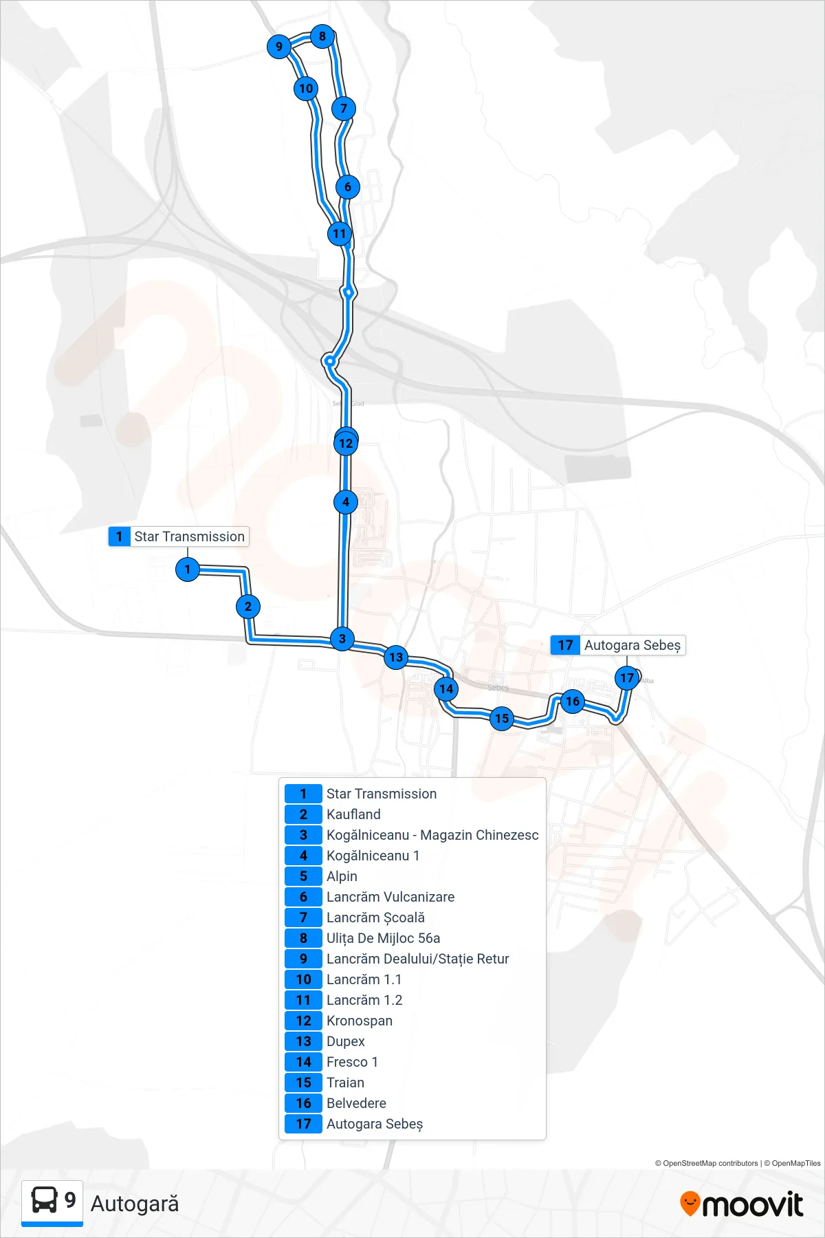 9 bus Line (Autogară) route and stops on a map