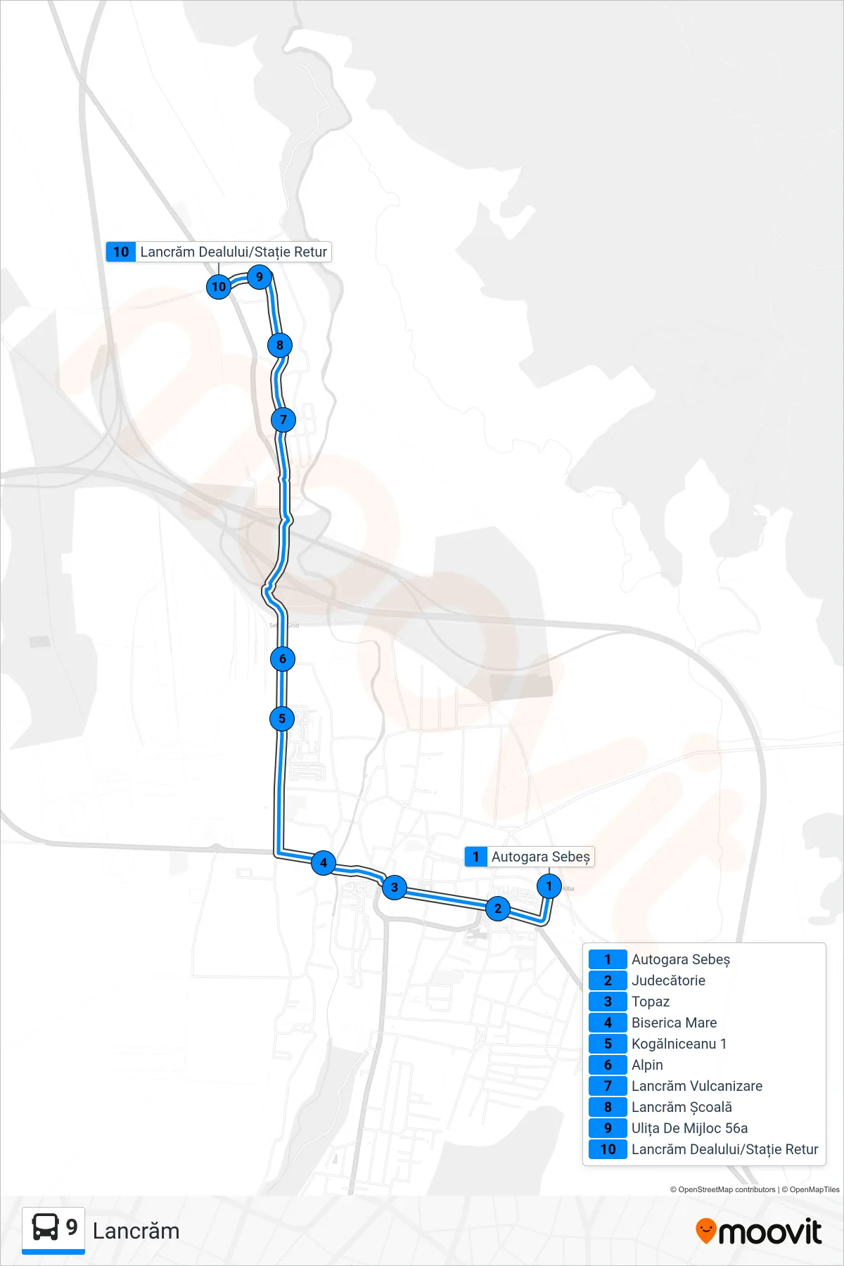 9 bus Line (Lancrăm) route and stops on a map