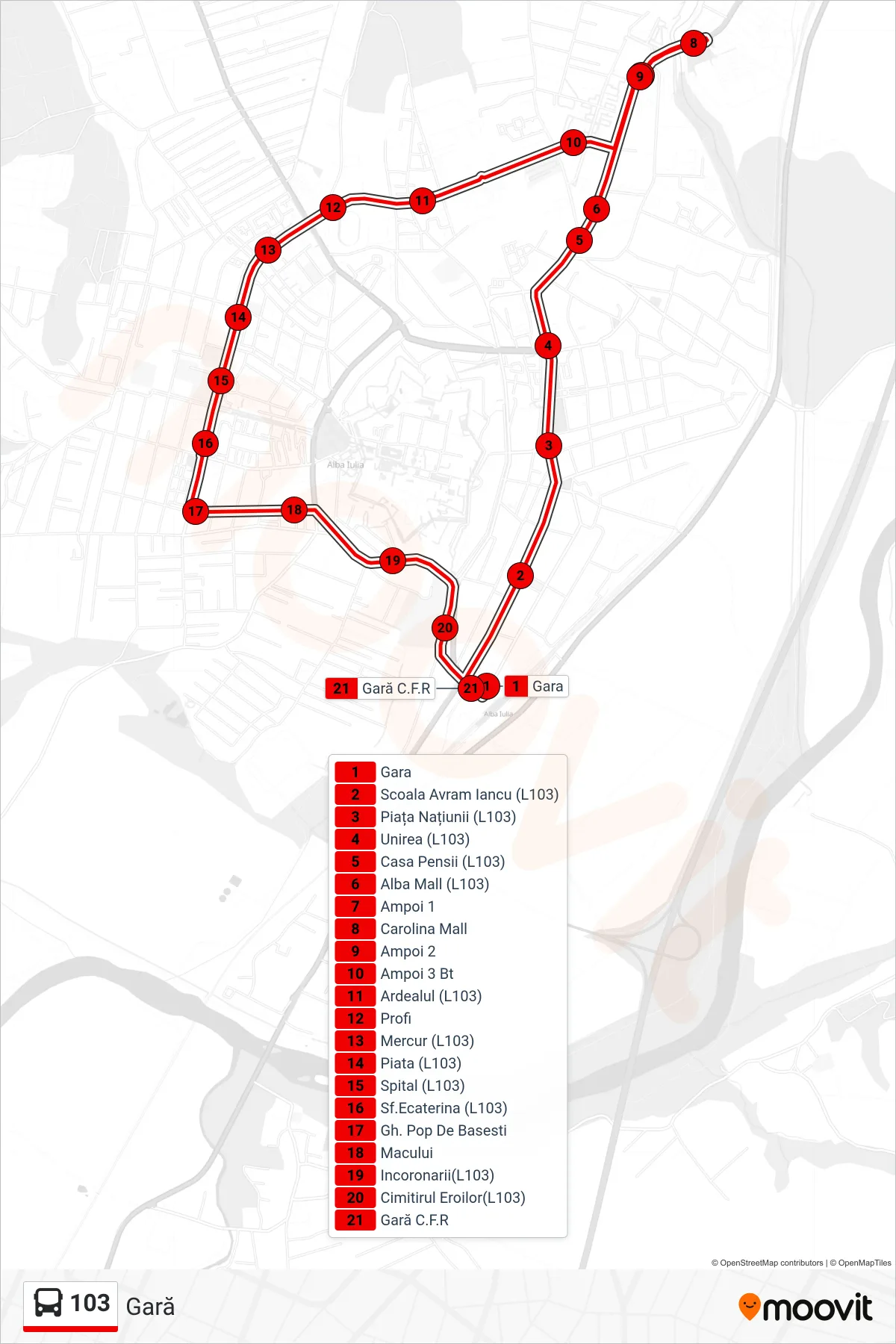 Linia autobuz 103 (Gară) - traseu și stații pe hartă