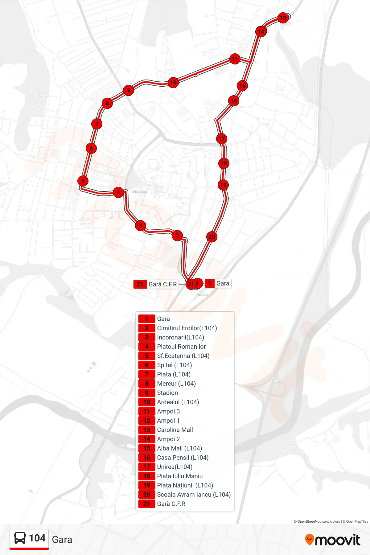 Linia autobuz 104 (Gara) - traseu și stații pe hartă