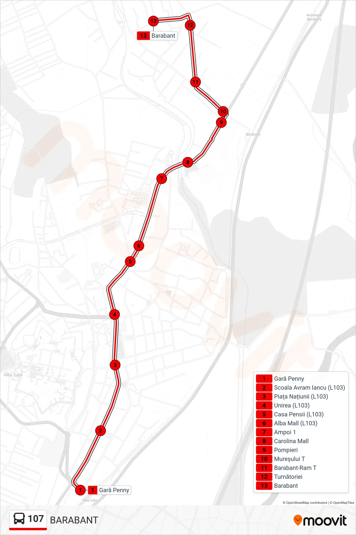 Linia autobuz 107 (BARABANT) - traseu și stații pe hartă
