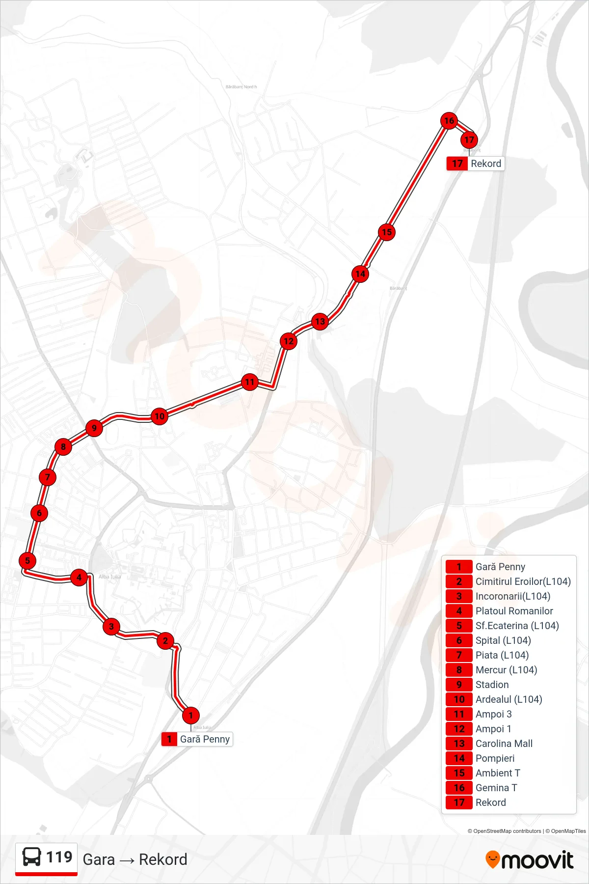 Linia autobuz 119 (Rekord) - traseu și stații pe hartă