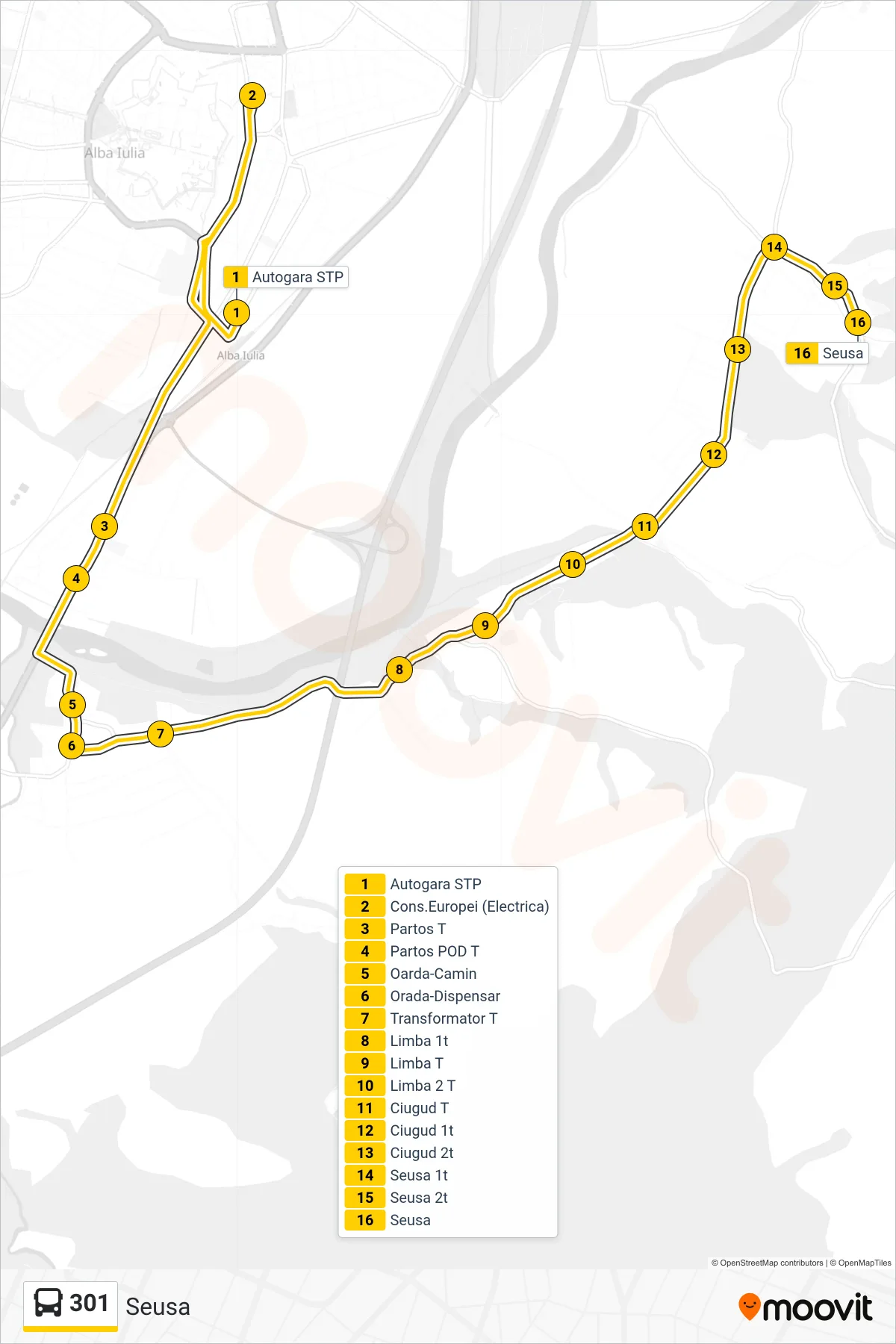 Linia autobuz 301 (Seusa) - traseu și stații pe hartă