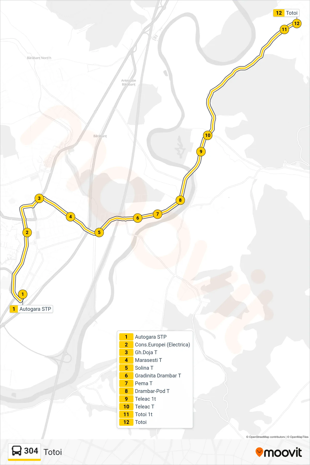 Linia autobuz 304 (Totoi) - traseu și stații pe hartă
