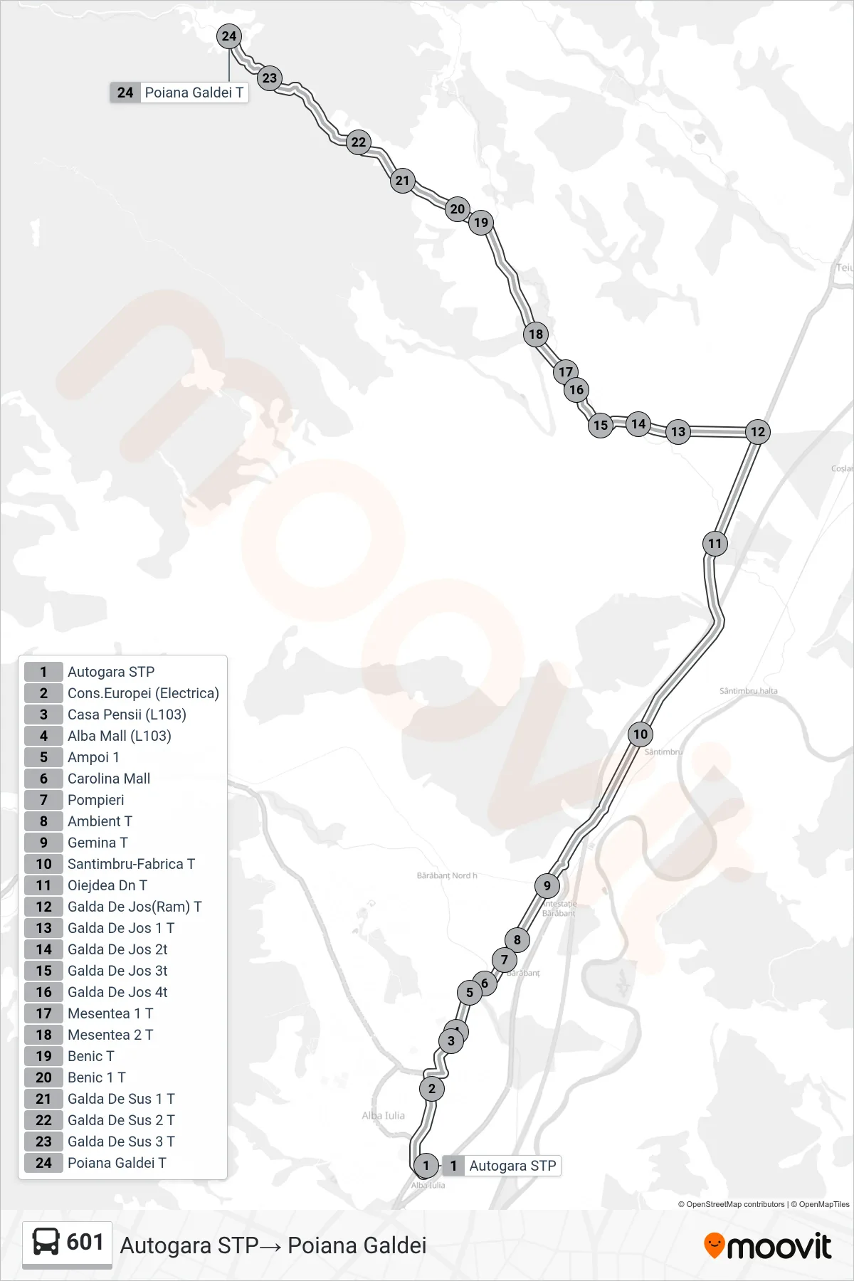 Linia autobuz 601 (Poiana Galdei) - traseu și stații pe hartă