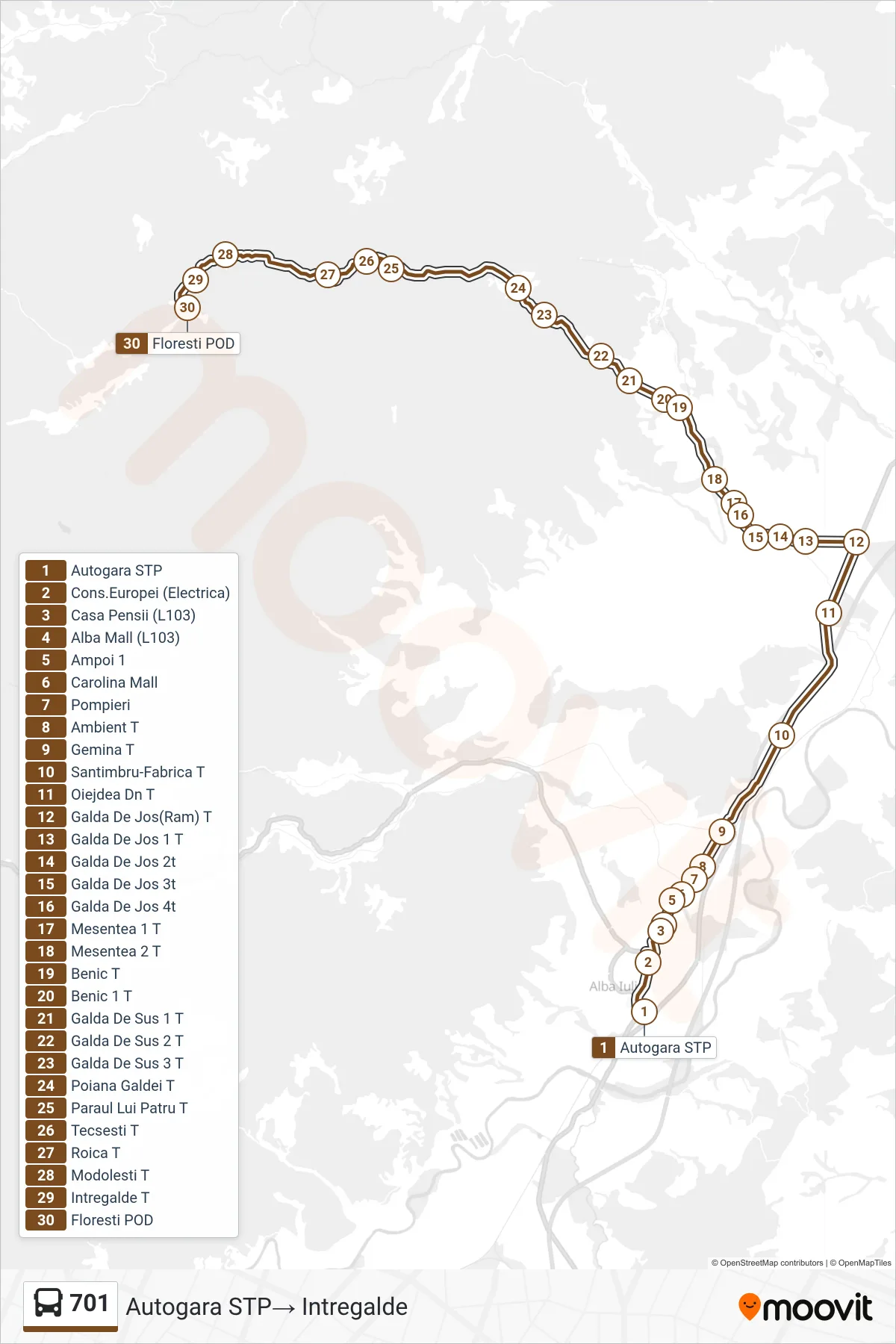Linia autobuz 701 (Intregalde) - traseu și stații pe hartă