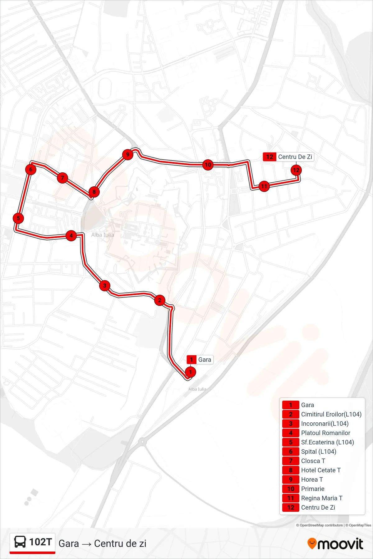 Linia autobuz 102T (Centru de zi) - traseu și stații pe hartă
