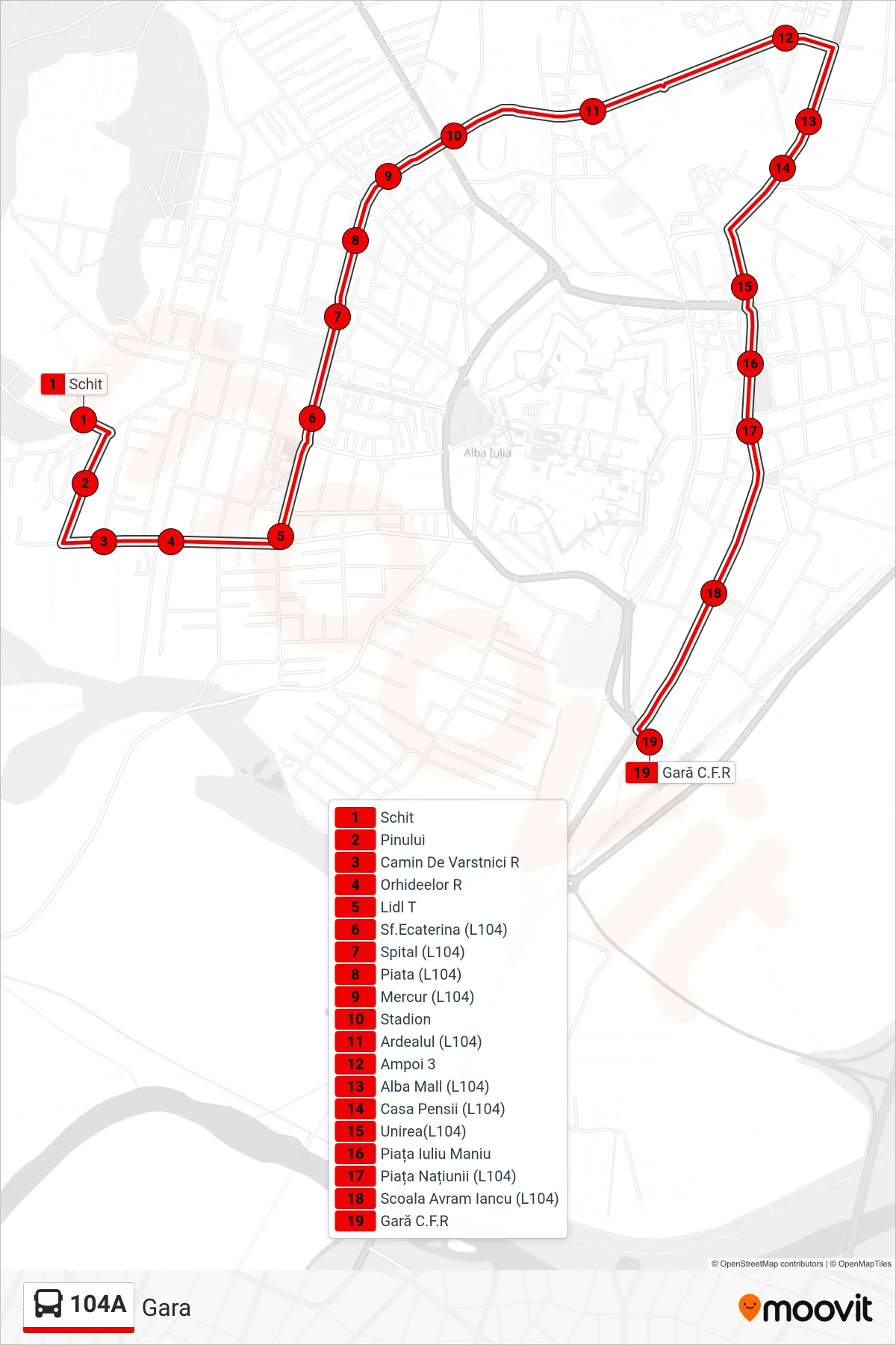 Linia autobuz 104A (Gara) - traseu și stații pe hartă