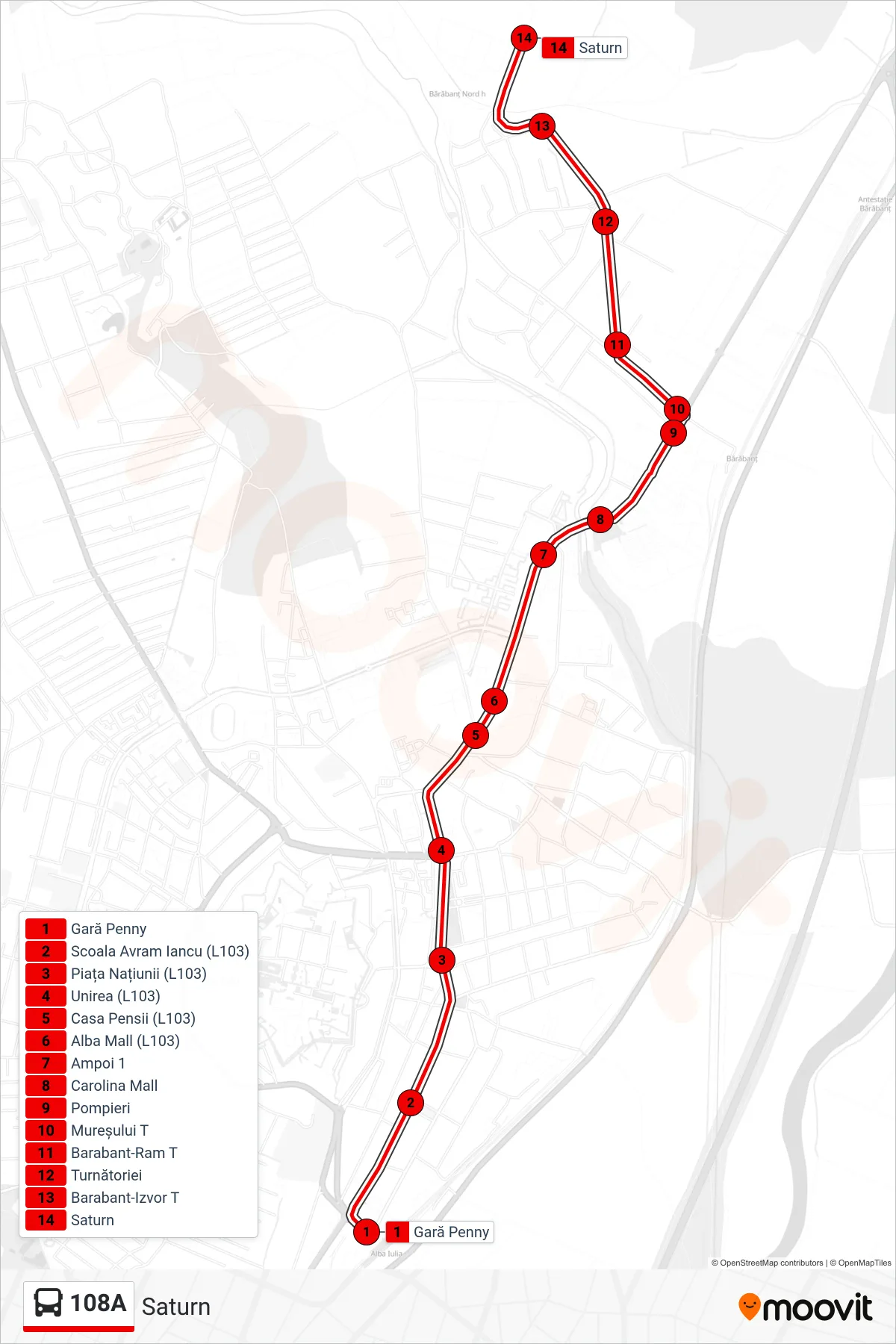Linia autobuz 108A (Saturn) - traseu și stații pe hartă