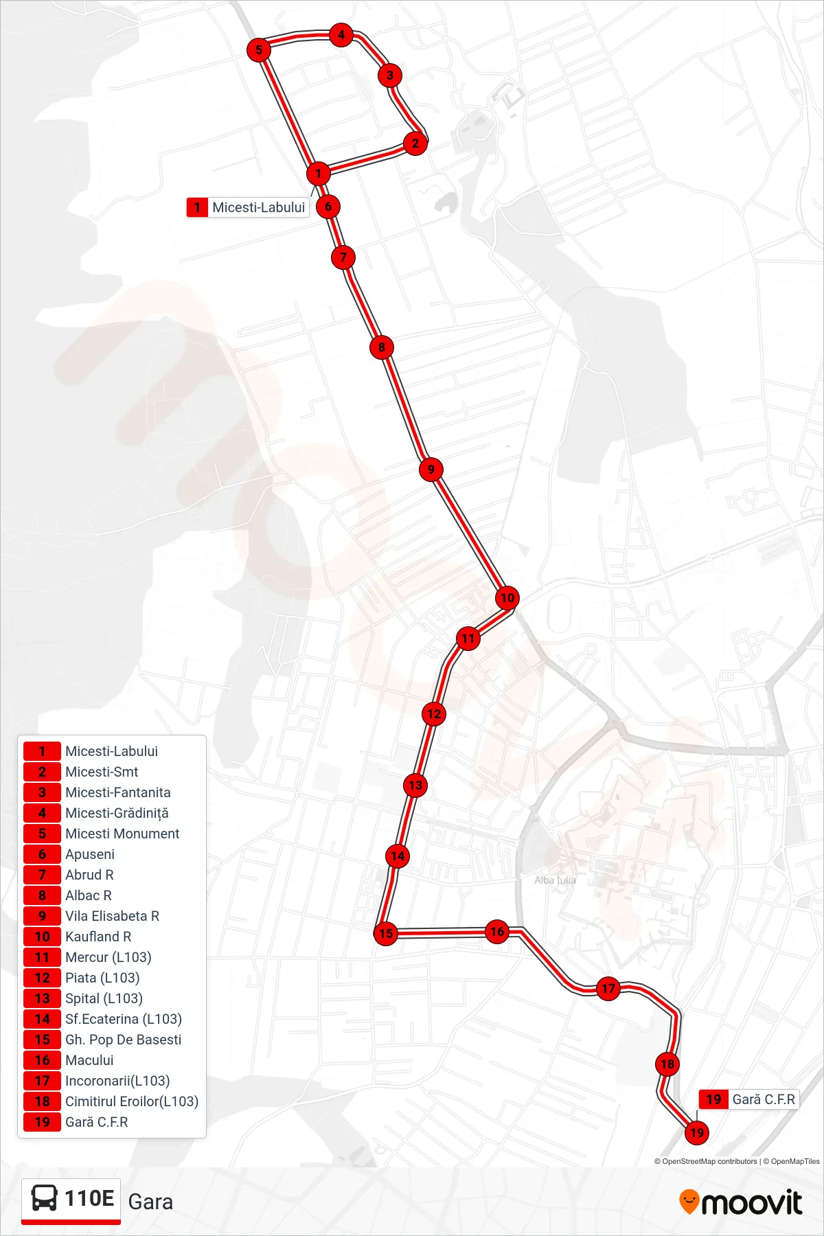 Linia autobuz 110E (Gara) - traseu și stații pe hartă