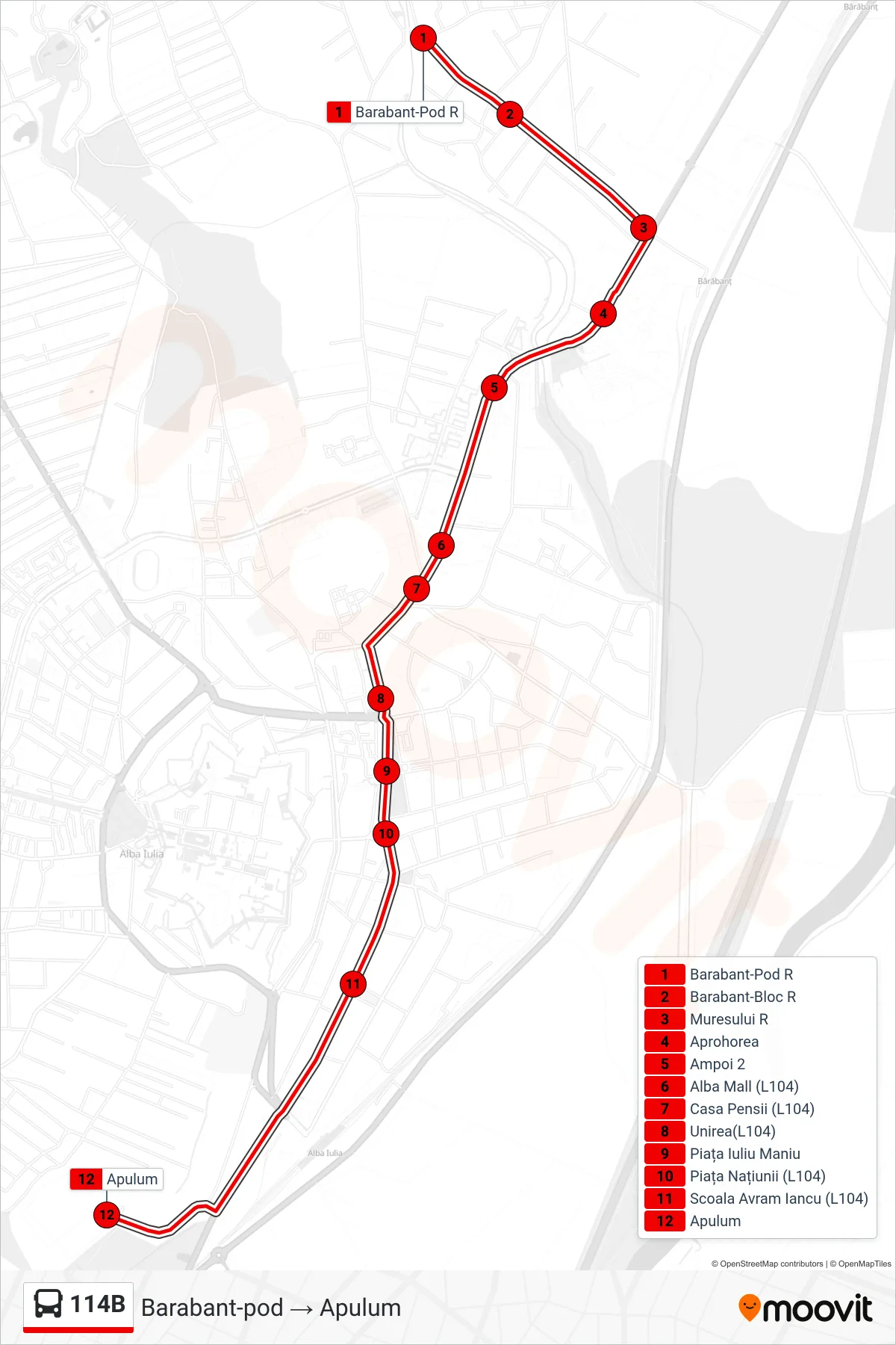 Linia autobuz 114B (Apulum) - traseu și stații pe hartă