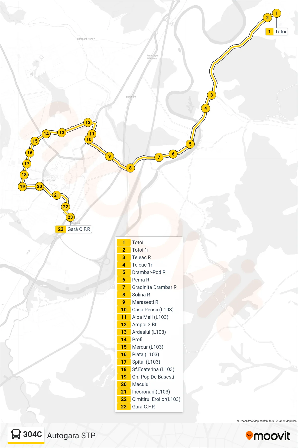 Linia autobuz 304C (Autogara STP) - traseu și stații pe hartă