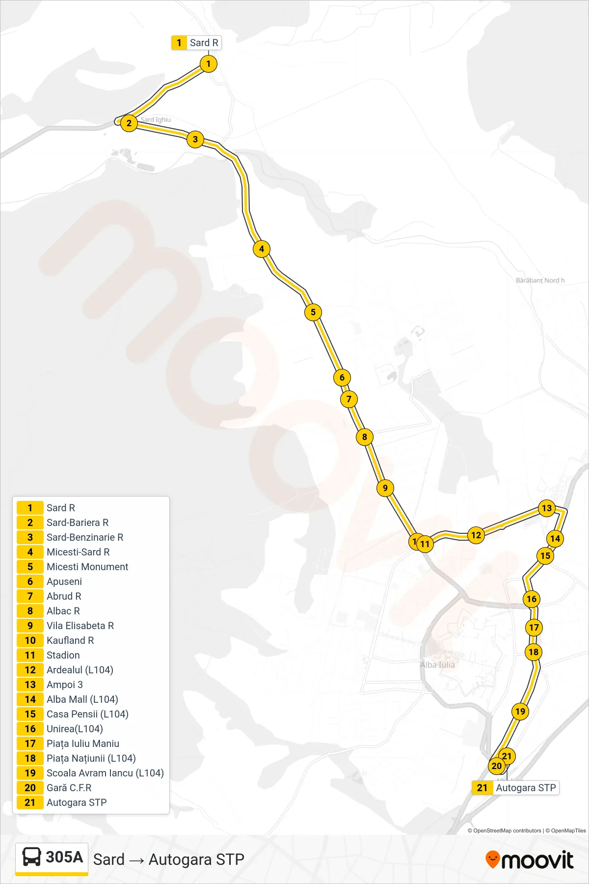 Linia autobuz 305A (Autogara STP) - traseu și stații pe hartă