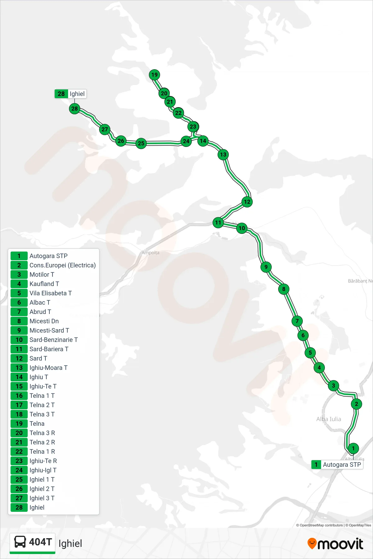 Linia autobuz 404T (Ighiel) - traseu și stații pe hartă
