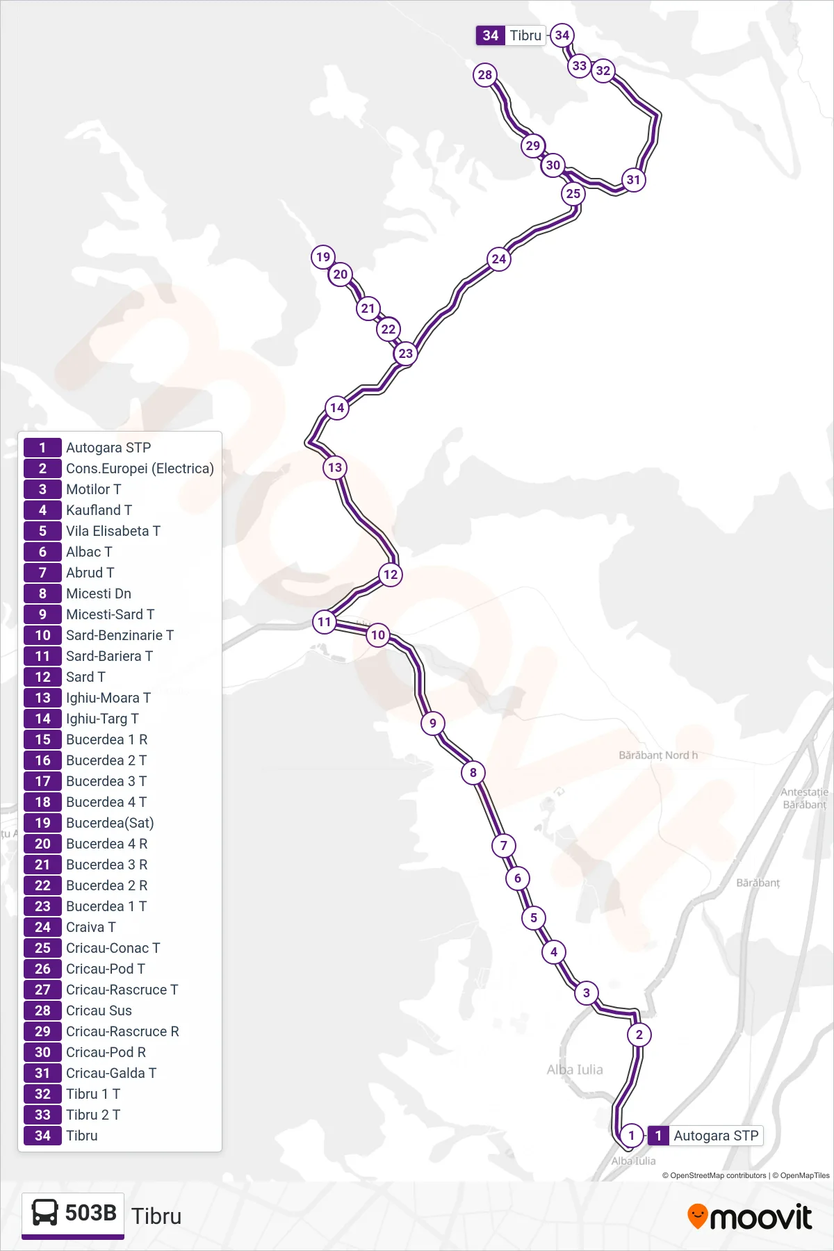 Linia autobuz 503B (Tibru) - traseu și stații pe hartă