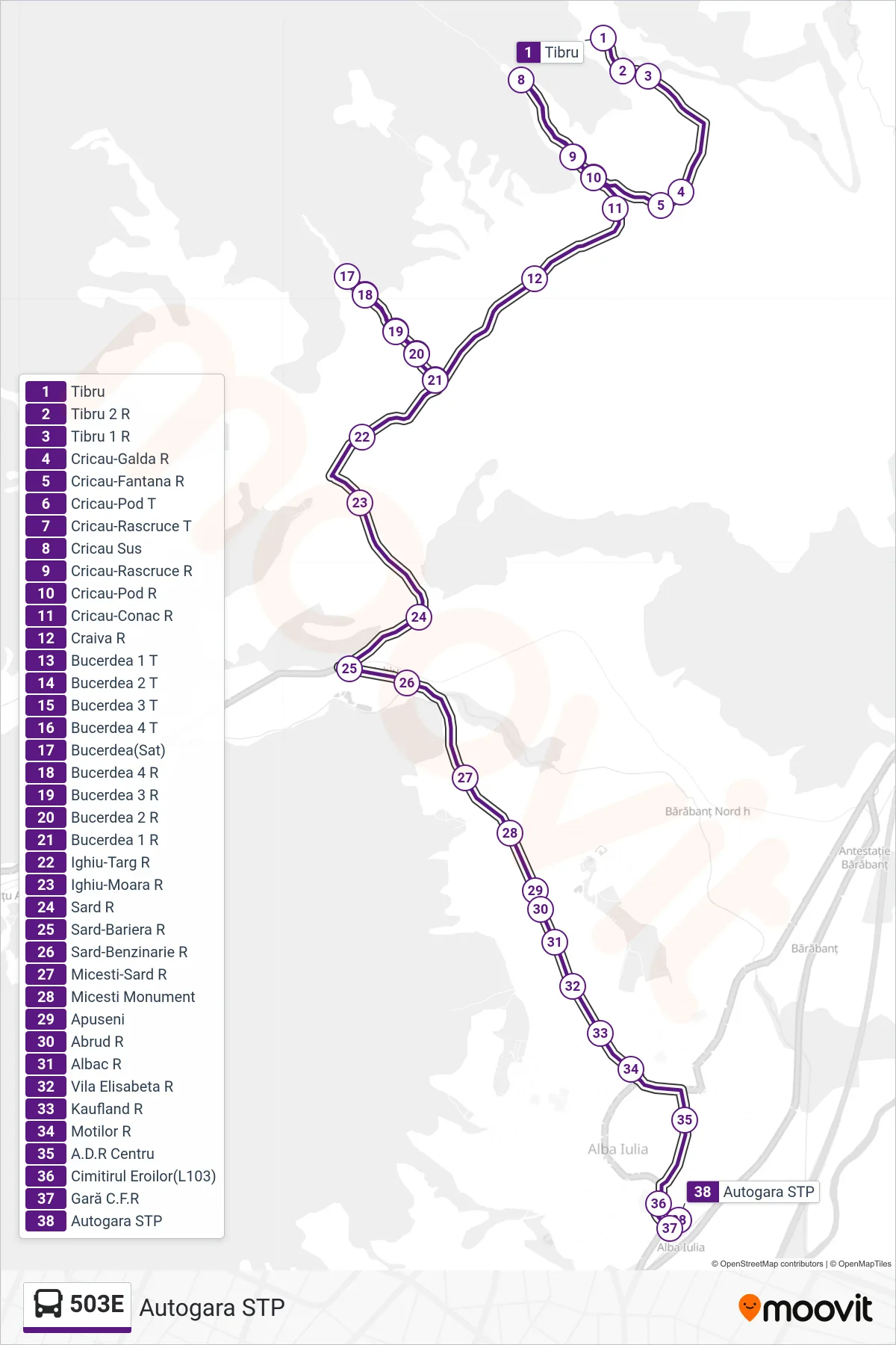 Linia autobuz 503E (Autogara STP) - traseu și stații pe hartă
