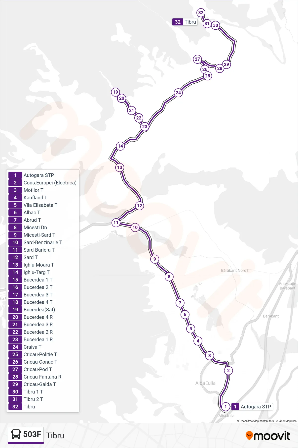 Linia autobuz 503F (Tibru) - traseu și stații pe hartă