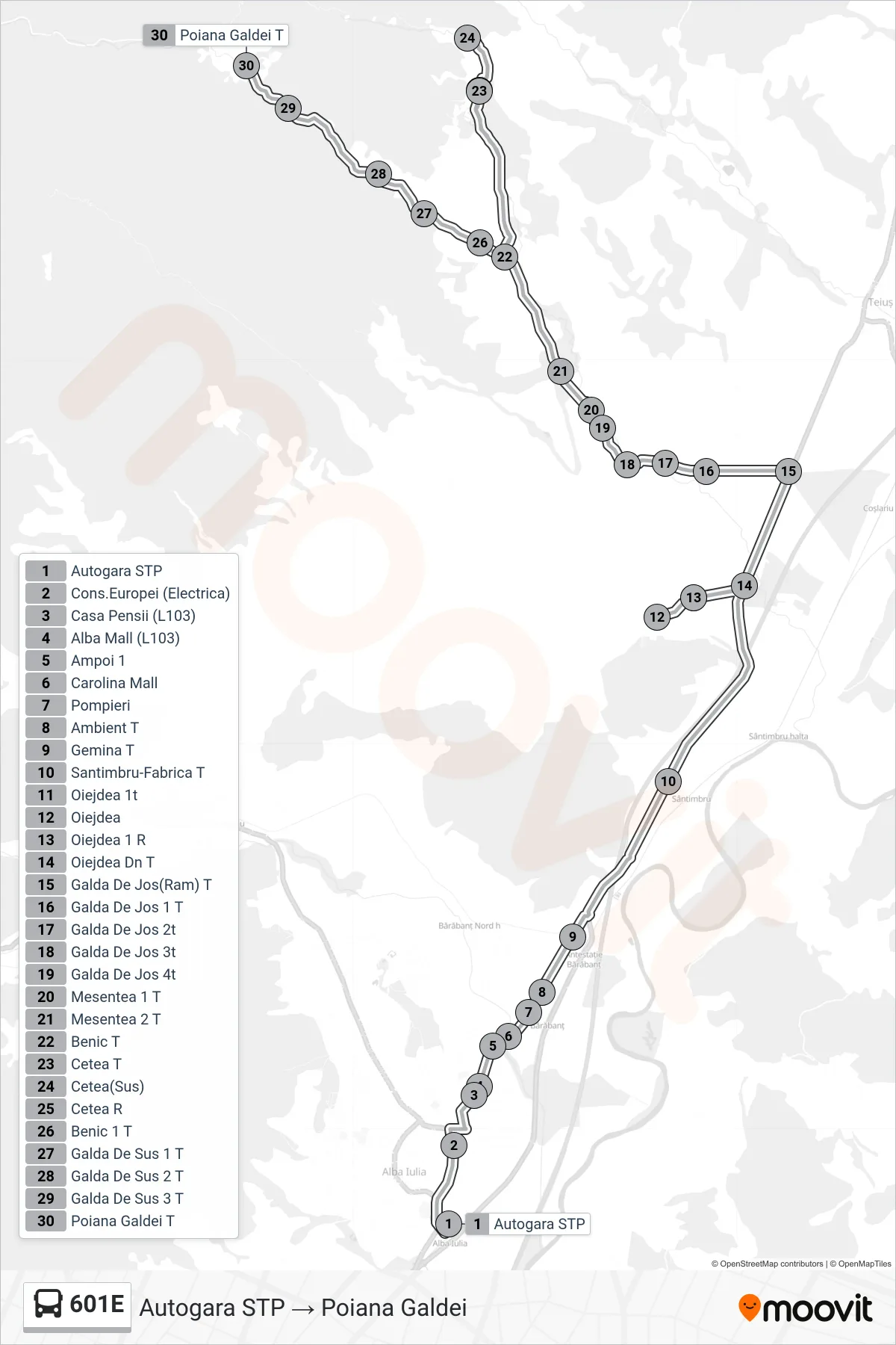 Linia autobuz 601E (Poiana Galdei) - traseu și stații pe hartă