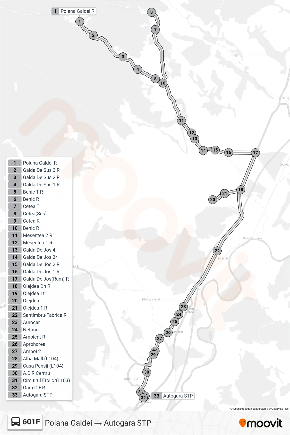 Linia autobuz 601F (Autogara STP) - traseu și stații pe hartă