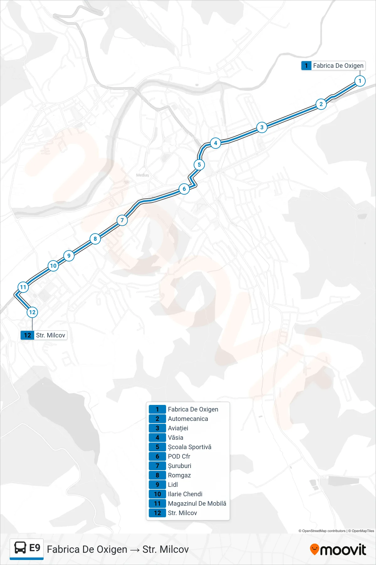 Linia autobuz E9 (Fabrica De Oxigen → Str. Milcov) - traseu și stații pe hartă