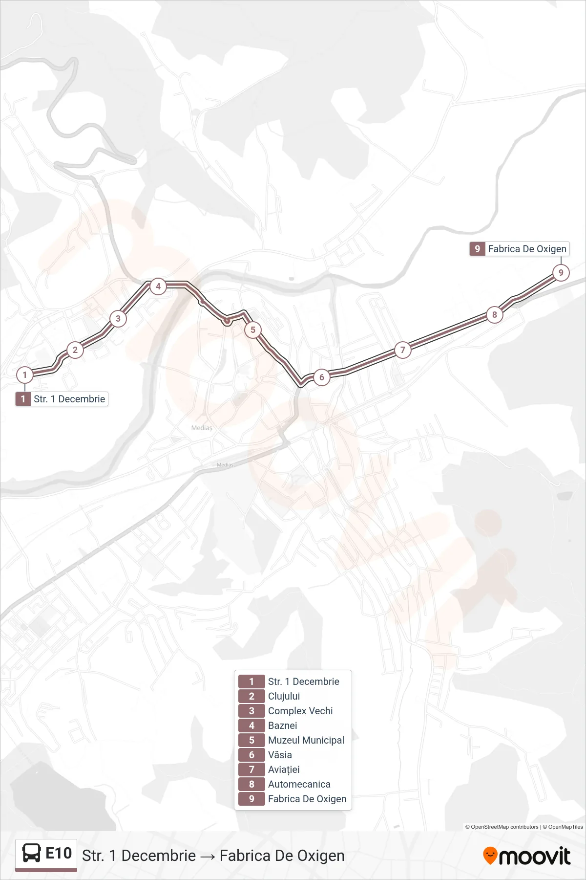 Linia autobuz E10 (Str. 1 Decembrie → Fabrica De Oxigen) - traseu și stații pe hartă