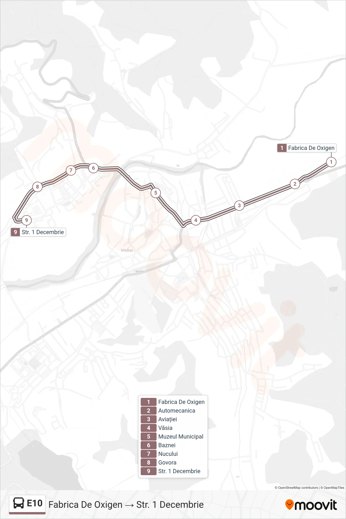 Linia autobuz E10 (Fabrica De Oxigen → Str. 1 Decembrie) - traseu și stații pe hartă