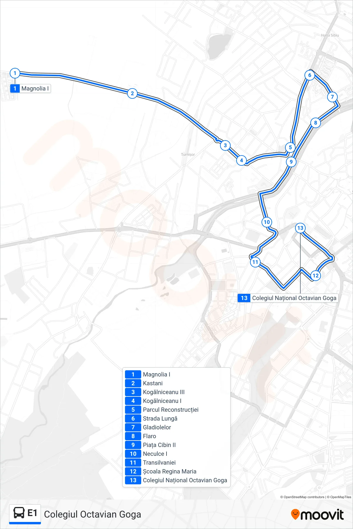 Linia autobuz E1 (Colegiul Octavian Goga) - traseu și stații pe hartă