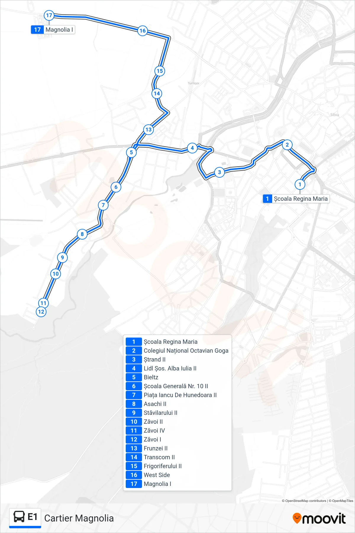 Linia autobuz E1 (Cartier Magnolia) - traseu și stații pe hartă