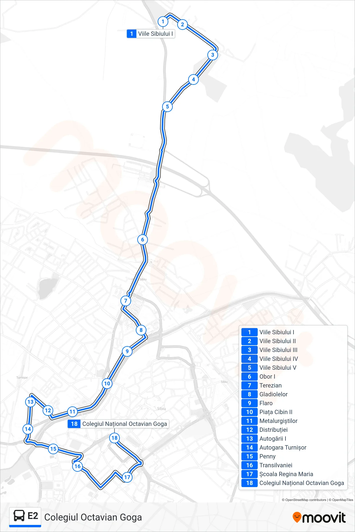 Linia autobuz E2 (Colegiul Octavian Goga) - traseu și stații pe hartă