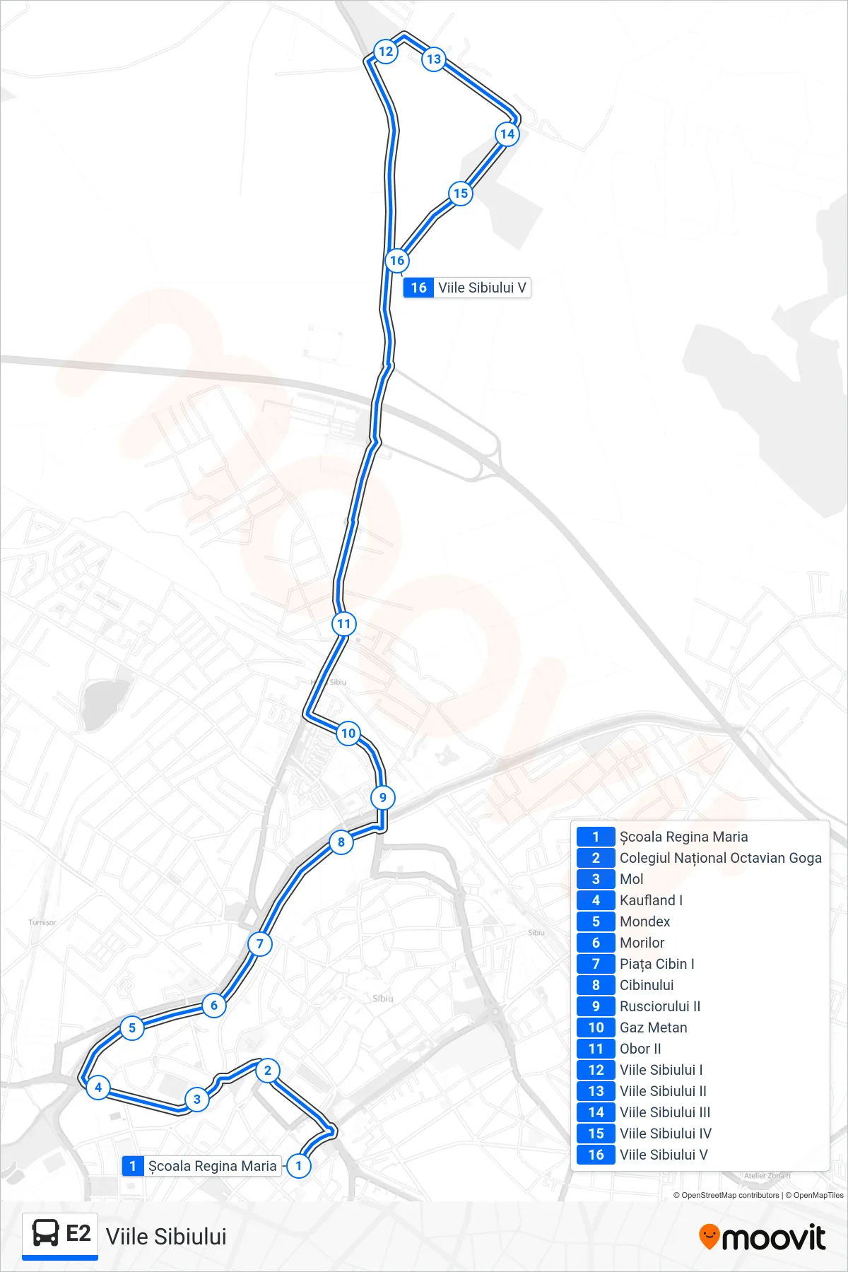 Linia autobuz E2 (Viile Sibiului) - traseu și stații pe hartă