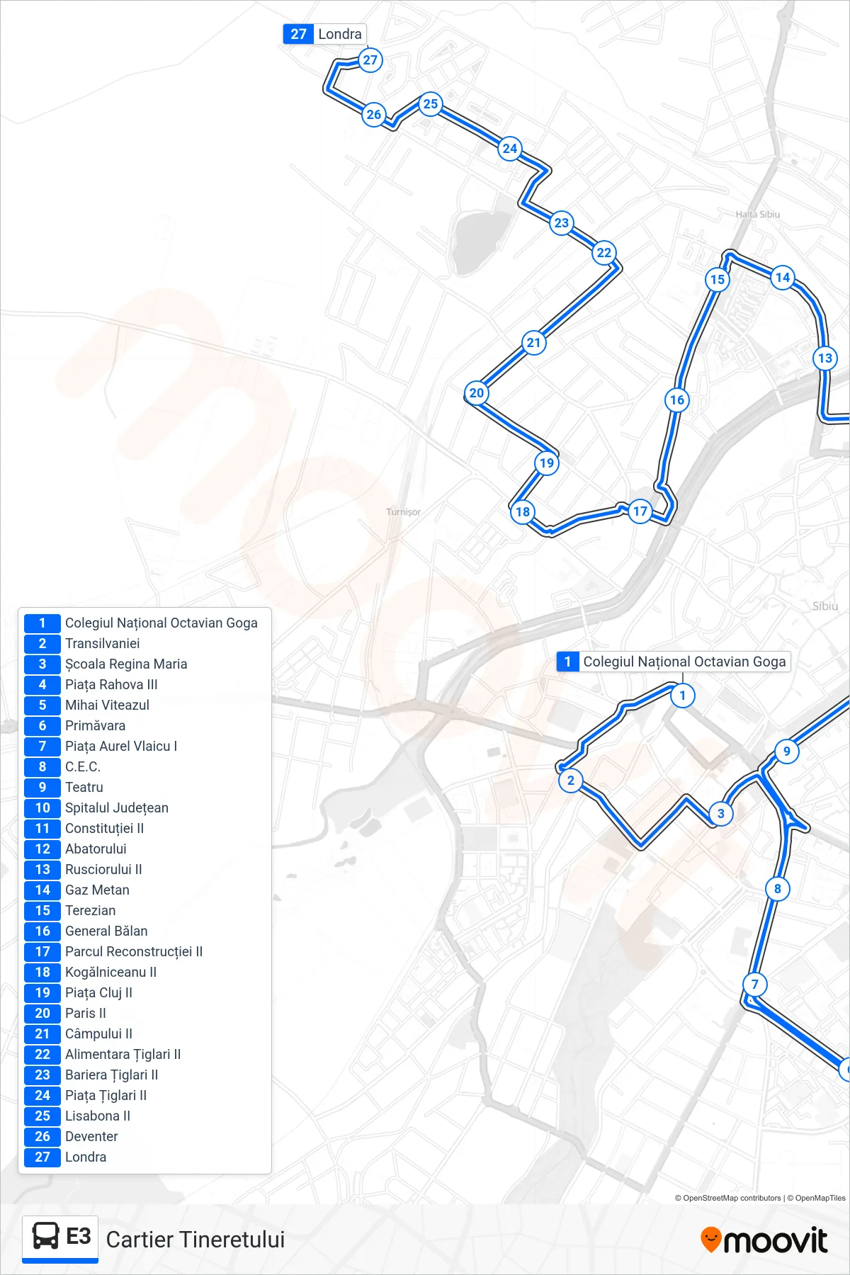 Linia autobuz E3 (Cartier Tineretului) - traseu și stații pe hartă