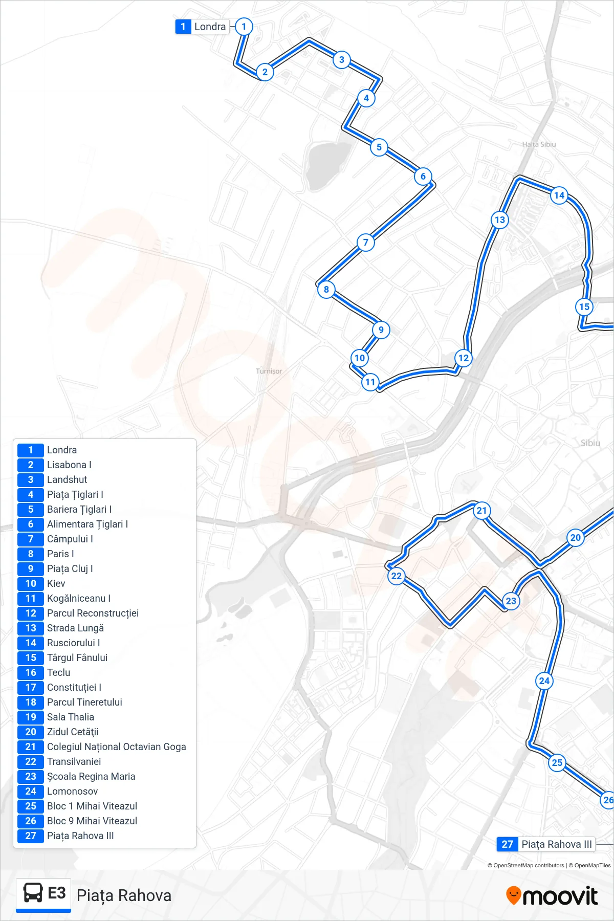 E3 bus Line (Piața Rahova) route and stops on a map
