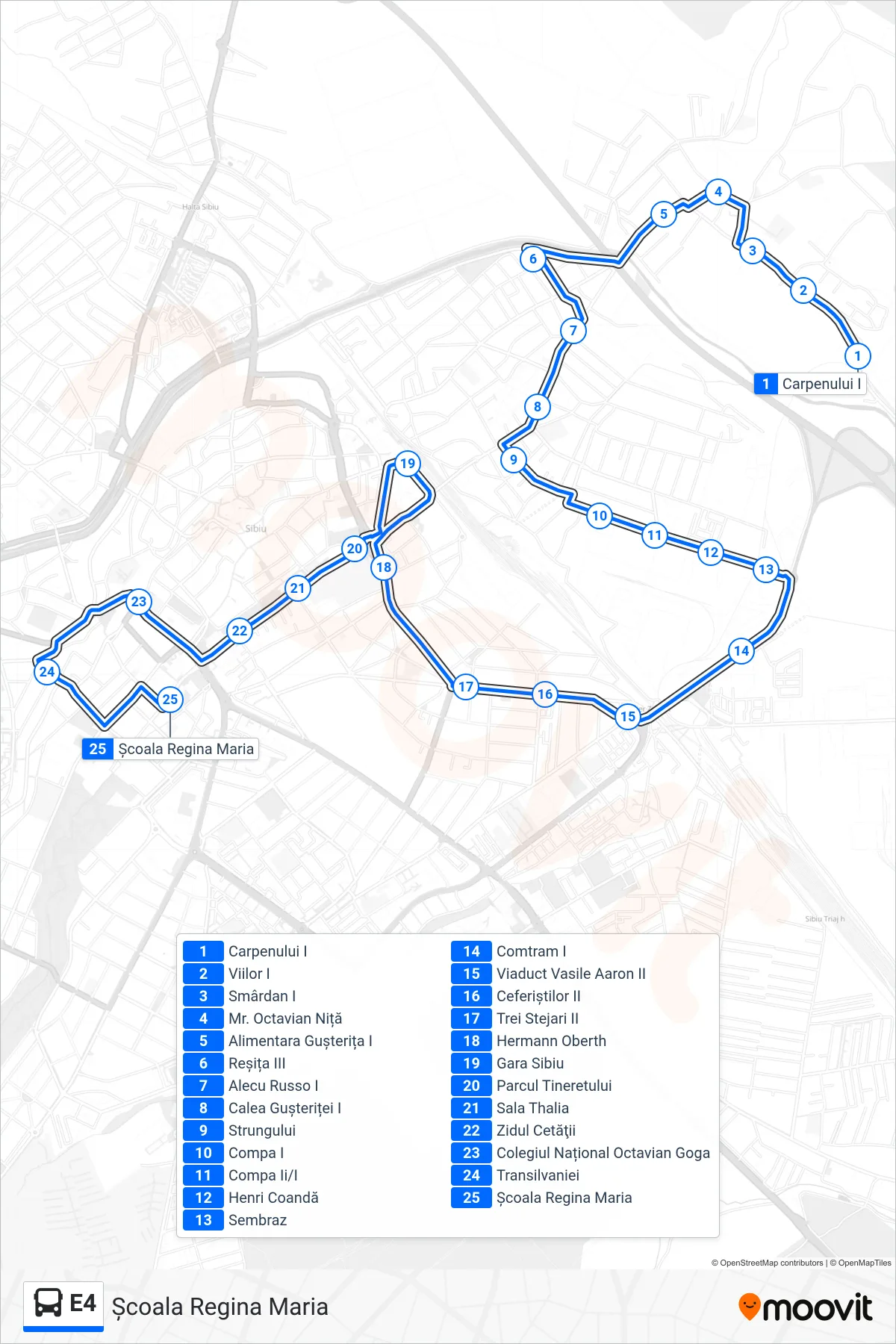 Linia autobuz E4 (Școala Regina Maria) - traseu și stații pe hartă