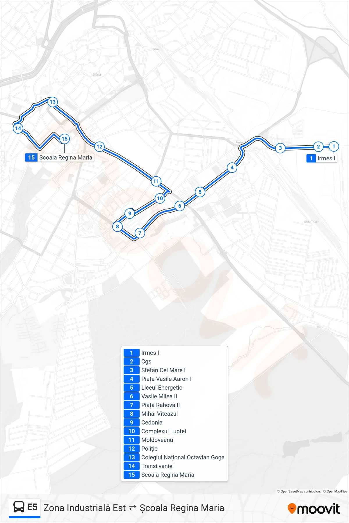 E5 bus Line (Școala Regina Maria) route and stops on a map