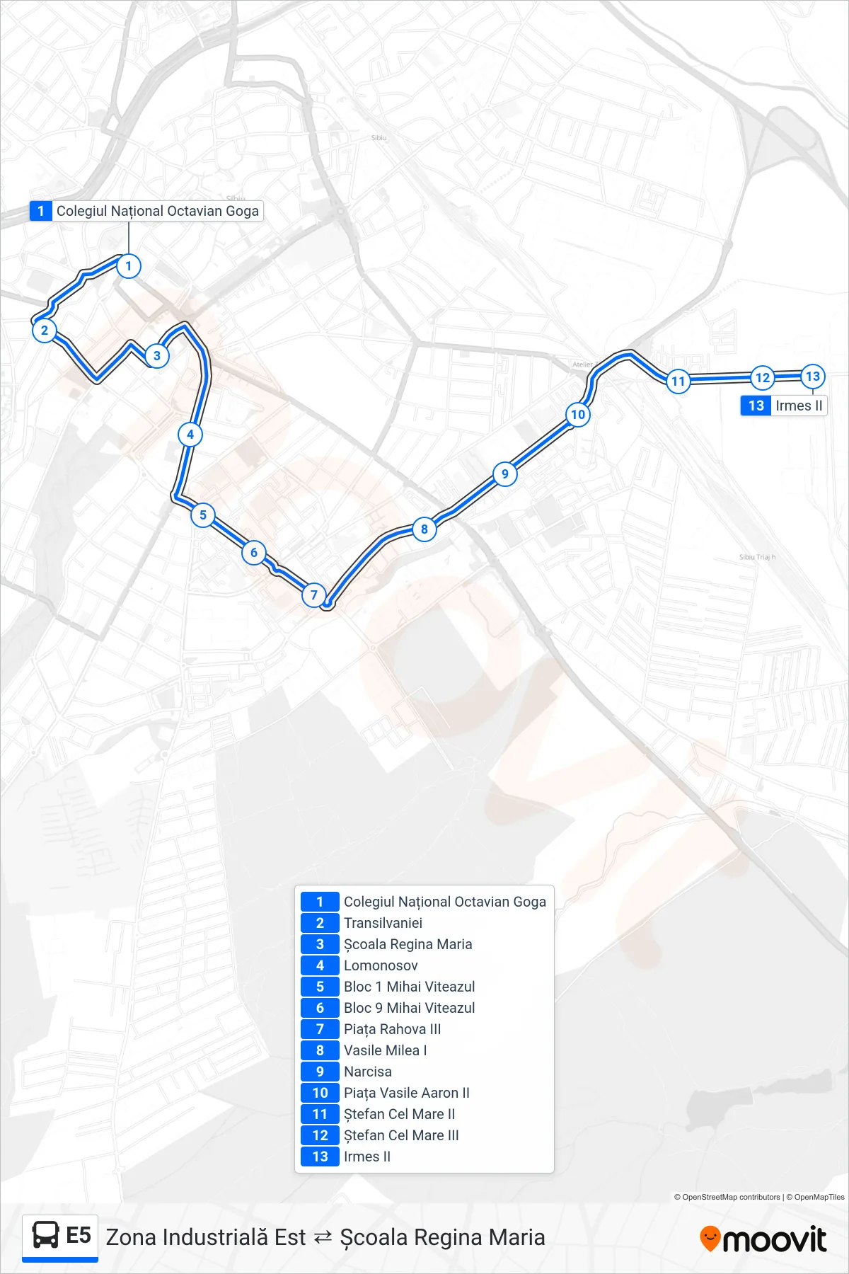 Linia autobuz E5 (IRMES) - traseu și stații pe hartă