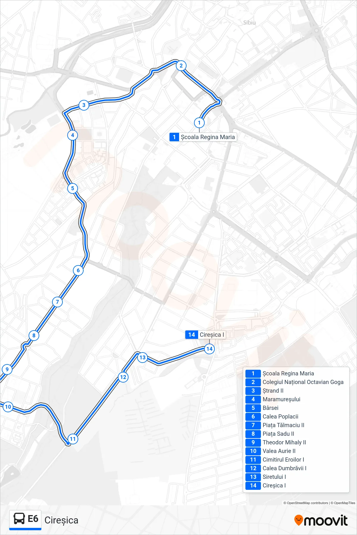 Linia autobuz E6 (Cireșica) - traseu și stații pe hartă