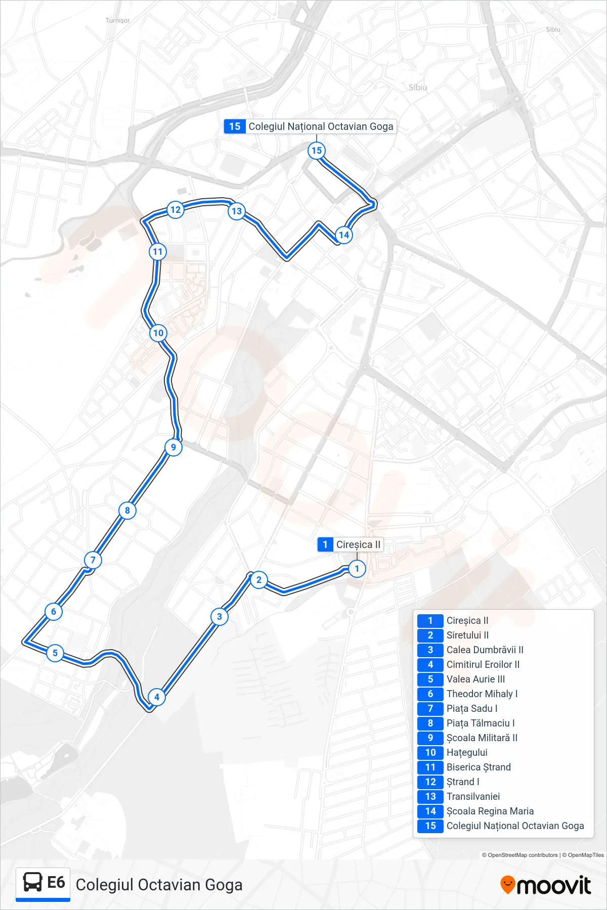 E6 bus Line (Colegiul Octavian Goga) route and stops on a map
