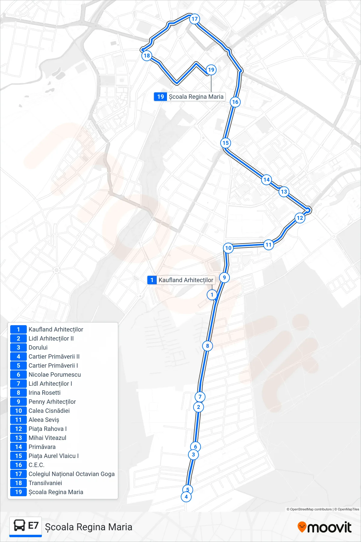 Linia autobuz E7 (Școala Regina Maria) - traseu și stații pe hartă