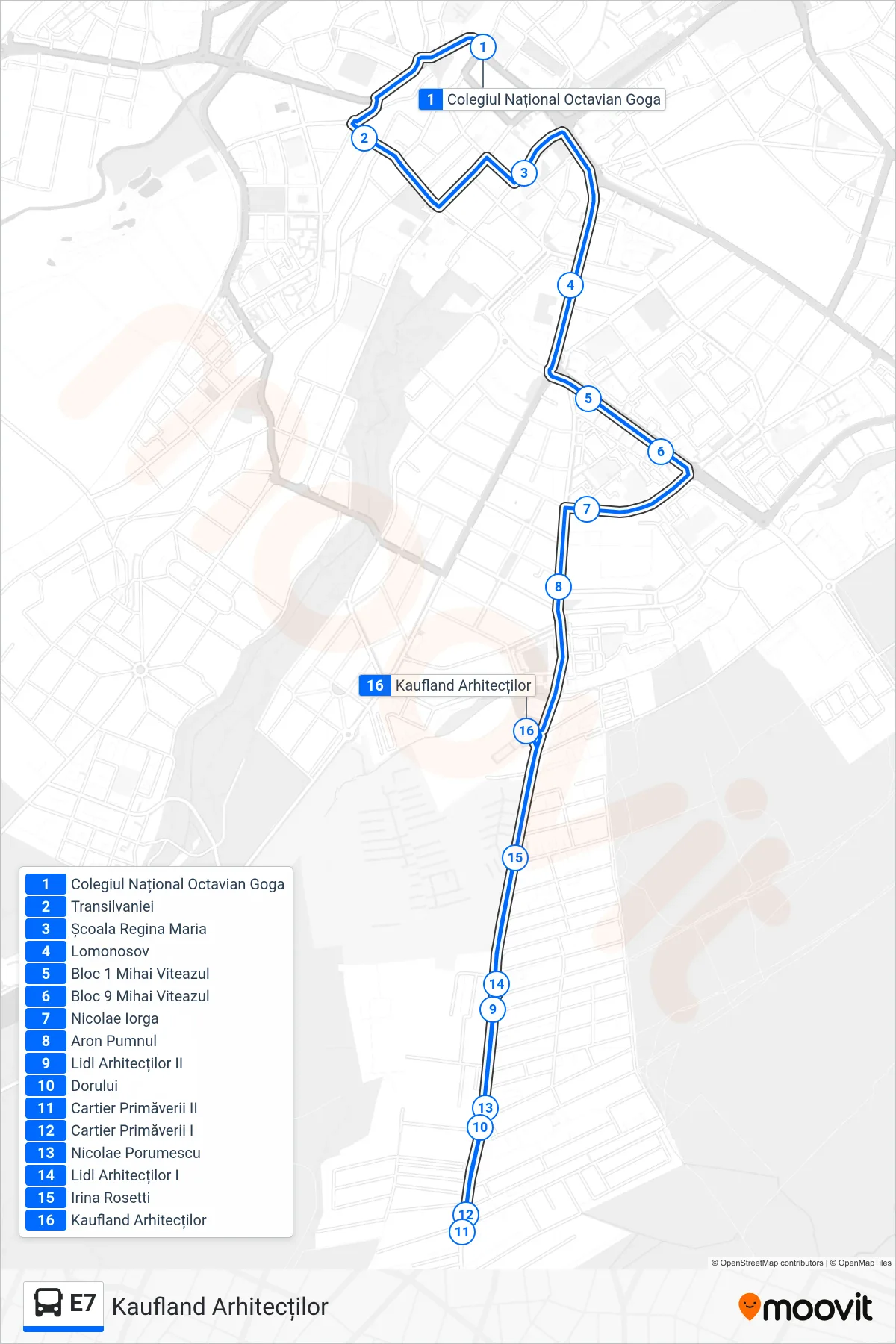Linia autobuz E7 (Kaufland Arhitecților) - traseu și stații pe hartă