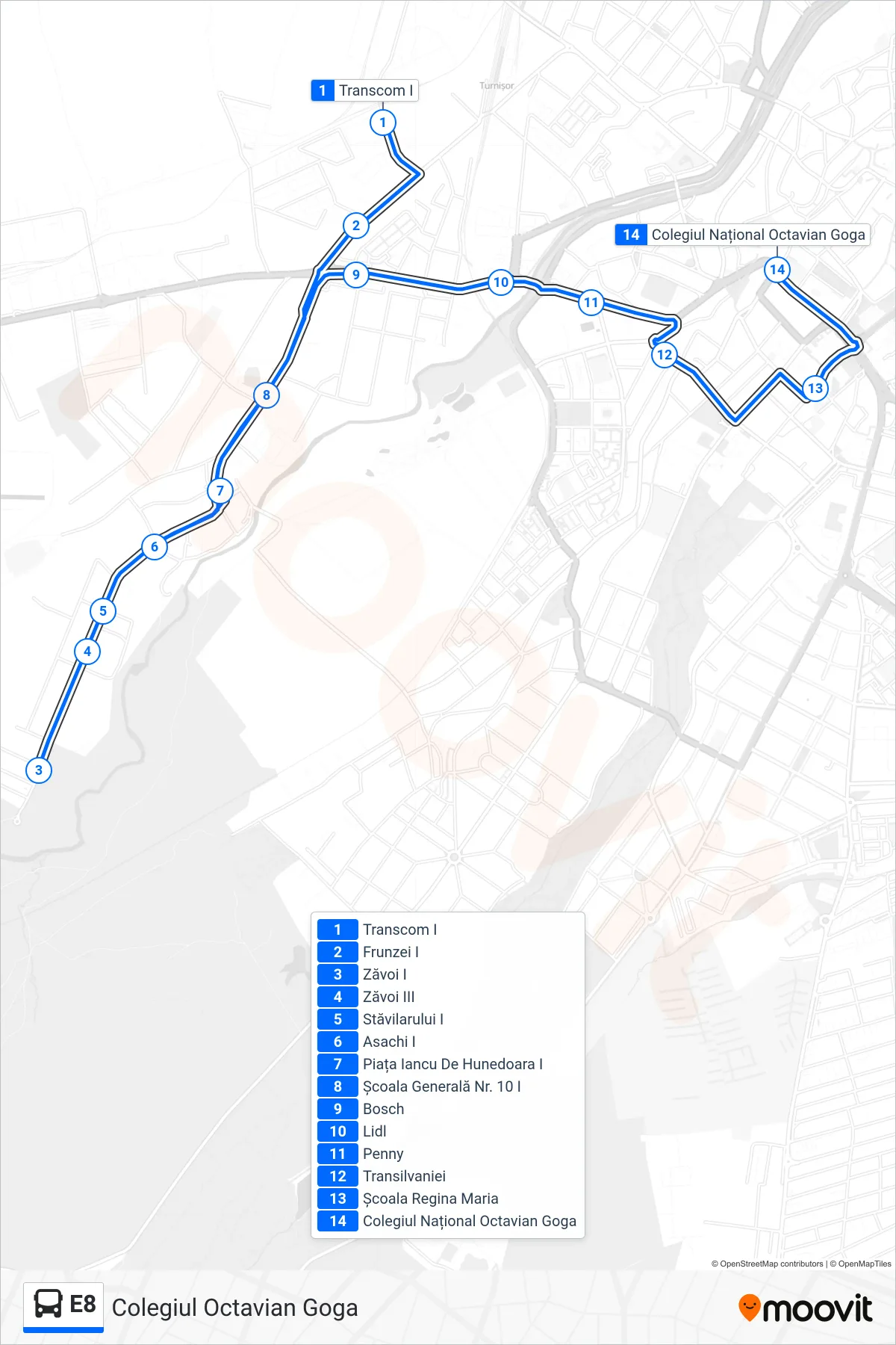 Linia autobuz E8 (Colegiul Octavian Goga) - traseu și stații pe hartă