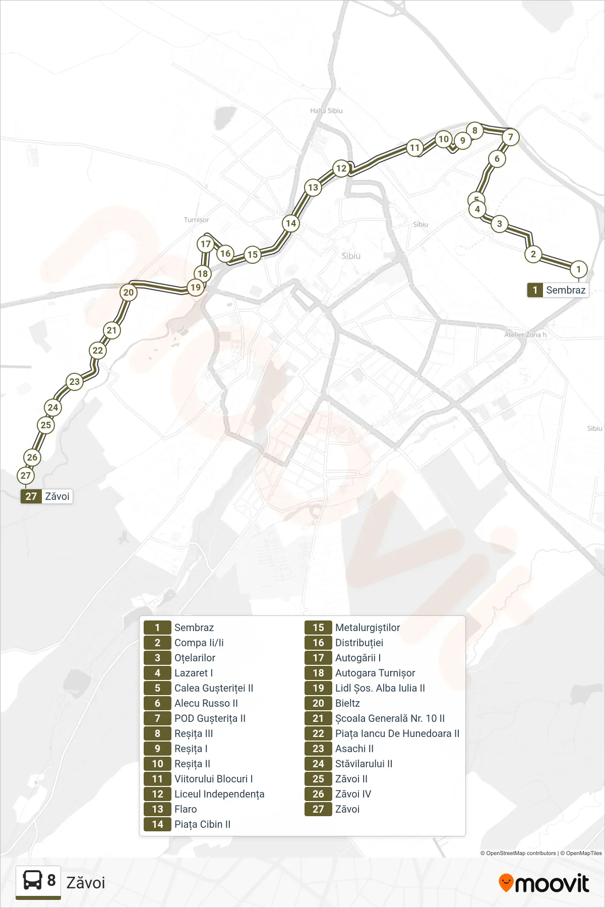 8 bus Line (Zăvoi) route and stops on a map