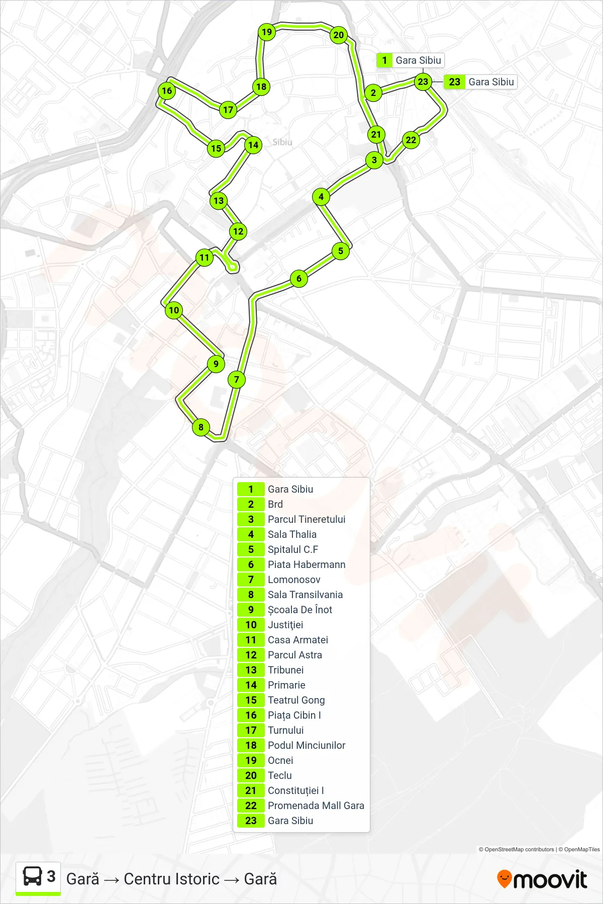 Linia autobuz 3 (Gară → Centru Istoric → Gară) - traseu și stații pe hartă