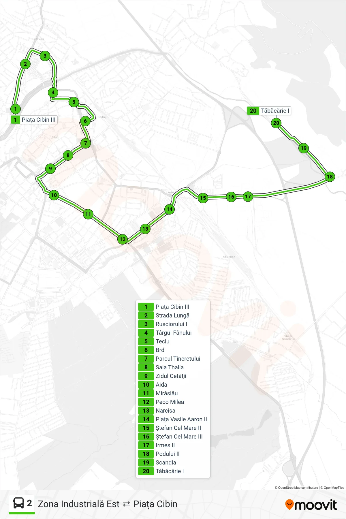 Linia autobuz 2 (Tăbăcărie) - traseu și stații pe hartă