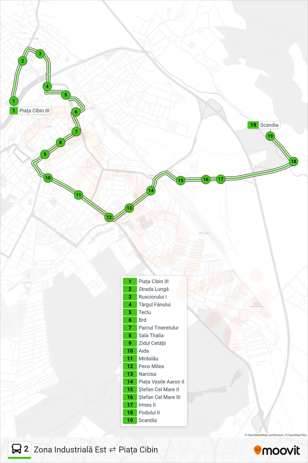 Linia autobuz 2 (Scandia) - traseu și stații pe hartă