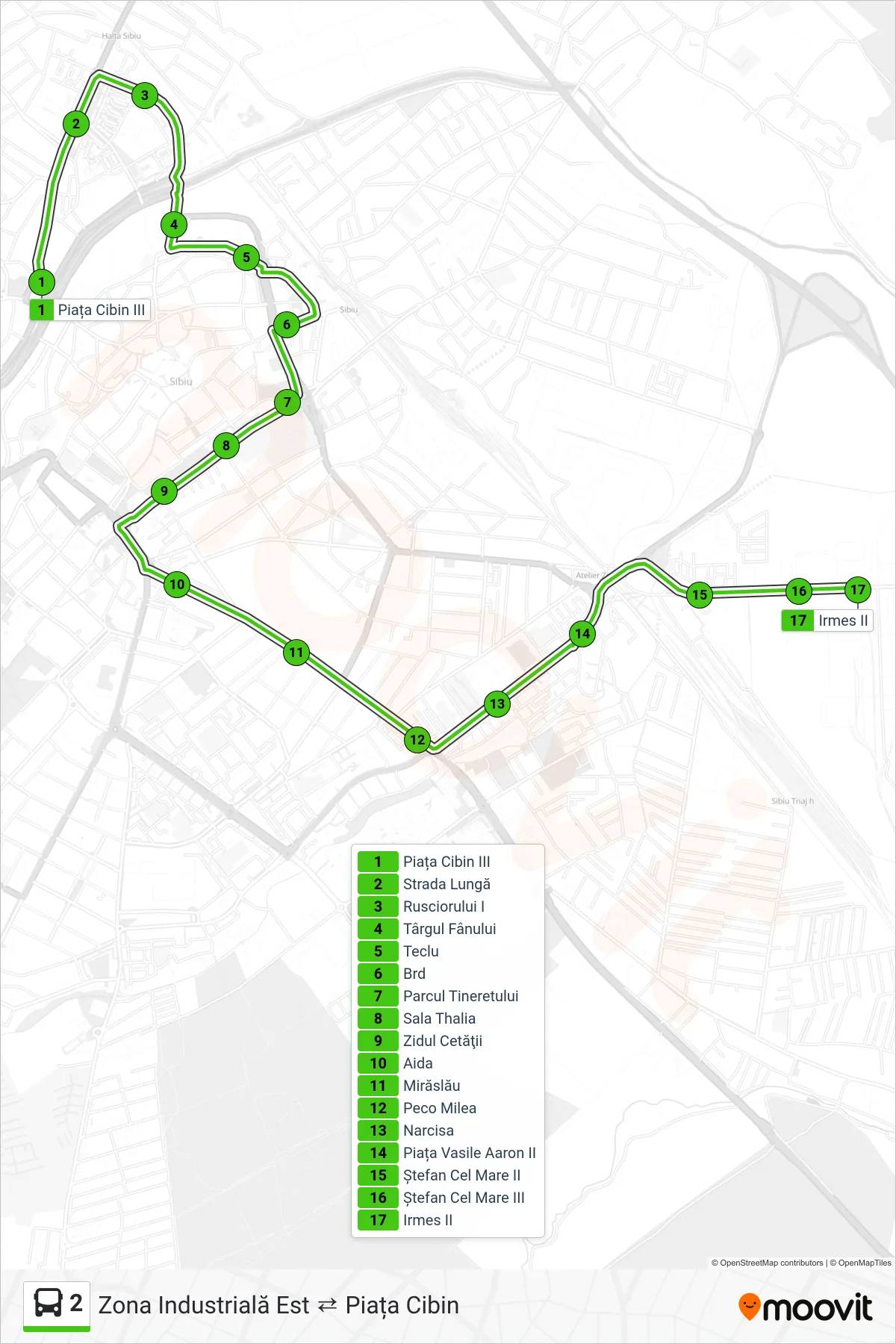 2 bus Line (IRMES) route and stops on a map