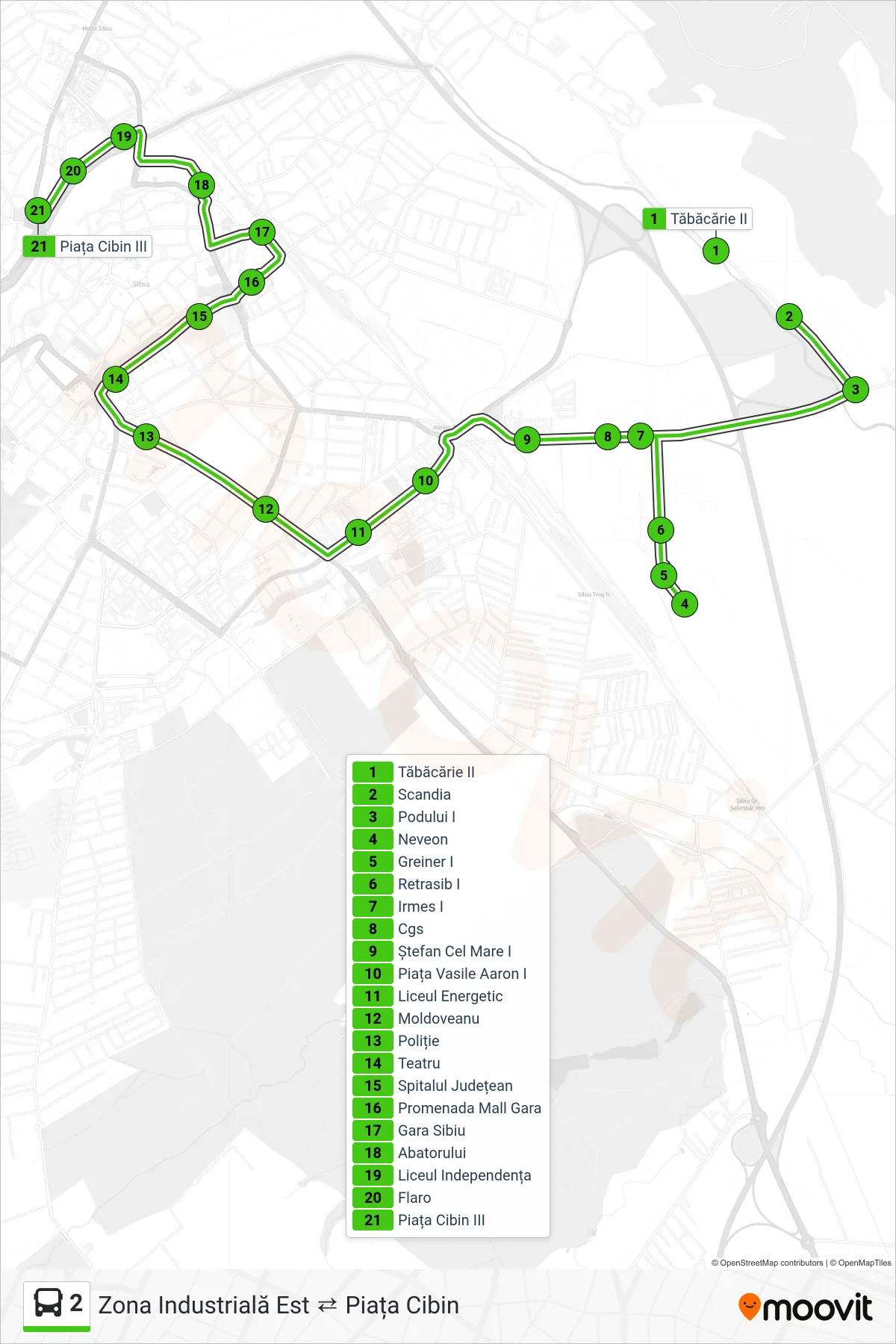 2 bus Line (Piața Cibin) route and stops on a map