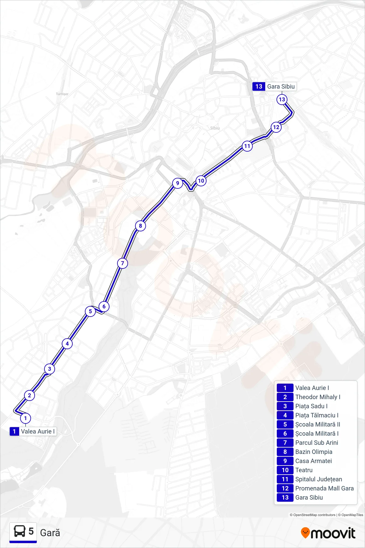 Linia autobuz 5 (Gară) - traseu și stații pe hartă