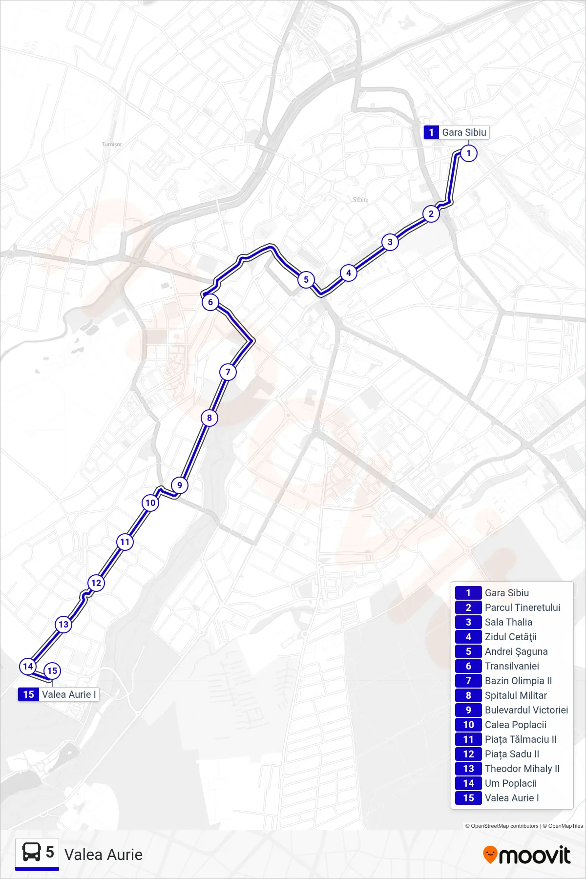 5 bus Line (Valea Aurie) route and stops on a map