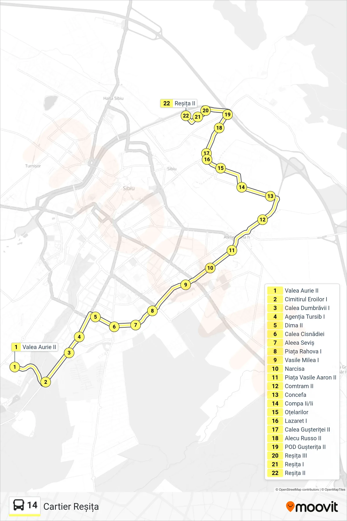 Linia autobuz 14 (Cartier Reșița) - traseu și stații pe hartă