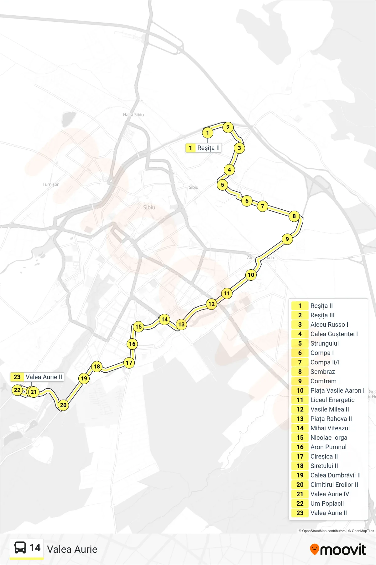 14 bus Line (Valea Aurie) route and stops on a map